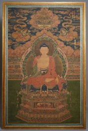 Ecole chinoise, dat&eacute; 1454, encre et couleurs sur soie: Portrait du Bouddha Shakyamuni